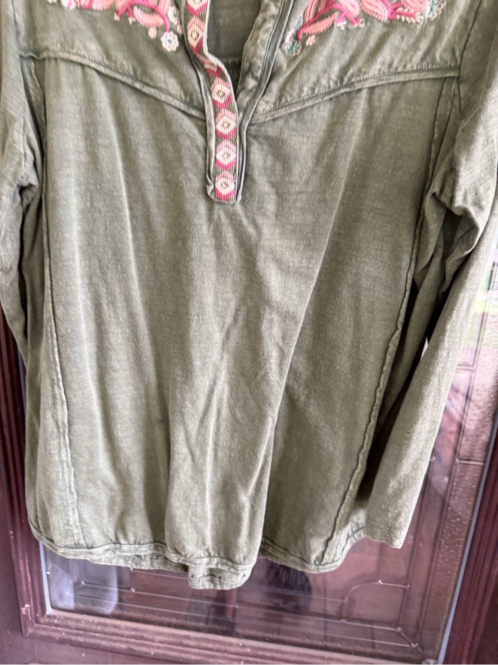 Monroe & Main Olive Green Long-Sleeve Henley with Pink Embroidered Yoke